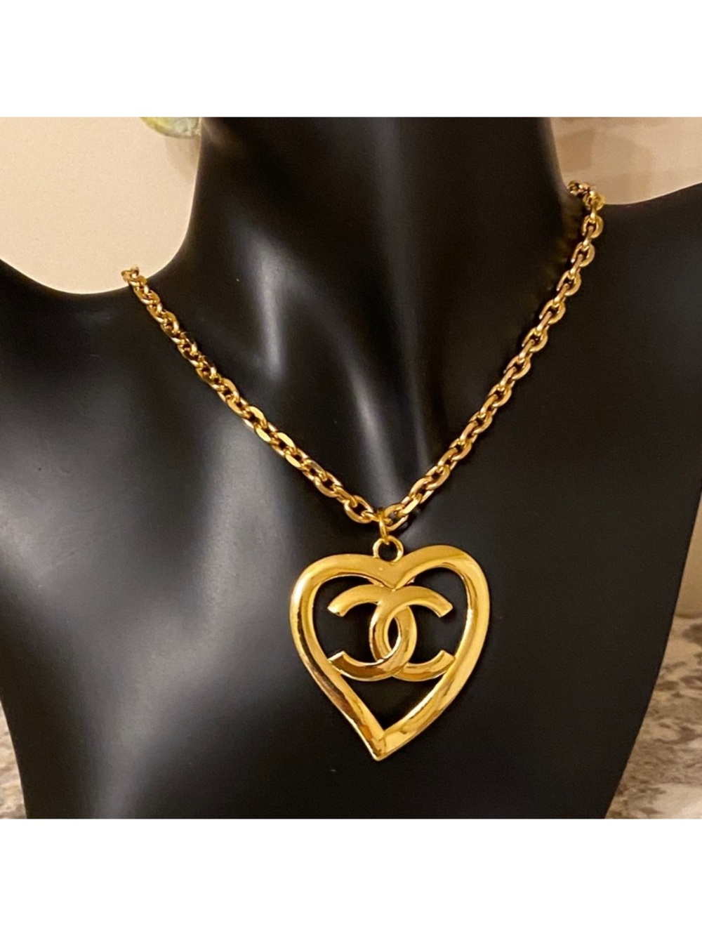 CHANEL Gold Heart CC Logo Pendant And Gold Chain Necklace